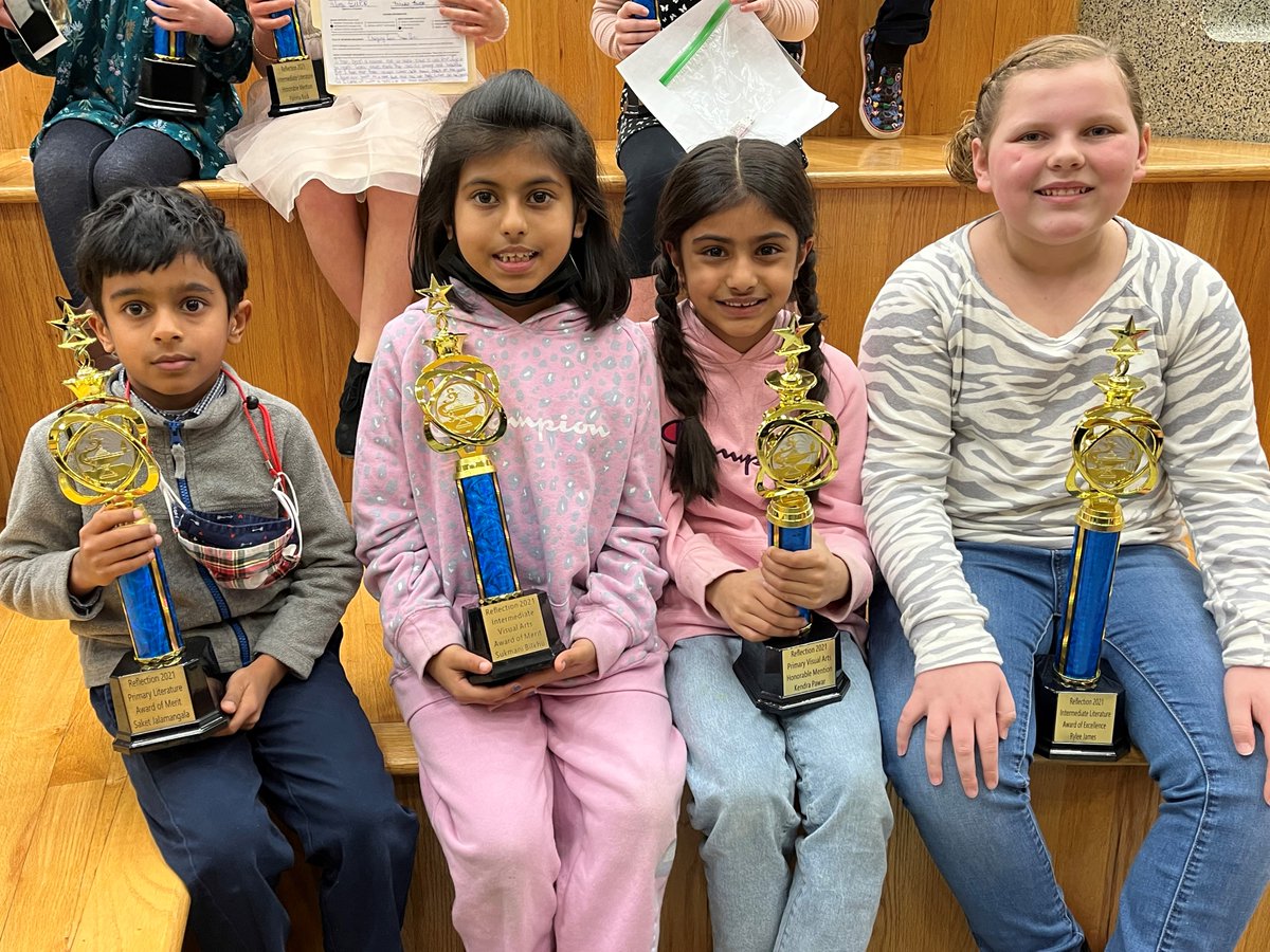 Congratulations to our PTA Reflection 2021 Winners. 

(From left to right) 
Saket Jalamangala (1st), Sukmani Bilkhu (4th), 
Kendra Pawar (2nd), and Rylee James (5th)