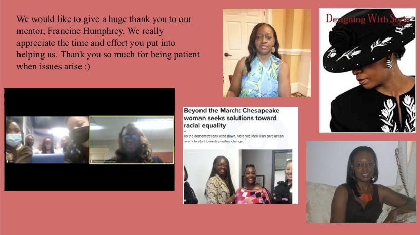 January is Mentor Appreciation Month and we have some FABULOUS mentors working with our <a href="/KempsAcademyINC/">EBA INCubatorEDU</a> teams this year! Team Perfect Status would like to thank their mentor Francine Humphrey! <a href="/KempsAcademy/">𝕂𝕖𝕞𝕡𝕤𝔸𝕔𝕒𝕕𝕖𝕞𝕪</a> <a href="/KHS_Chiefs/">Kempsville Chiefs</a> <a href="/incubatoredu/">INCubatoredu (from Uncharted Learning, NFP)</a>