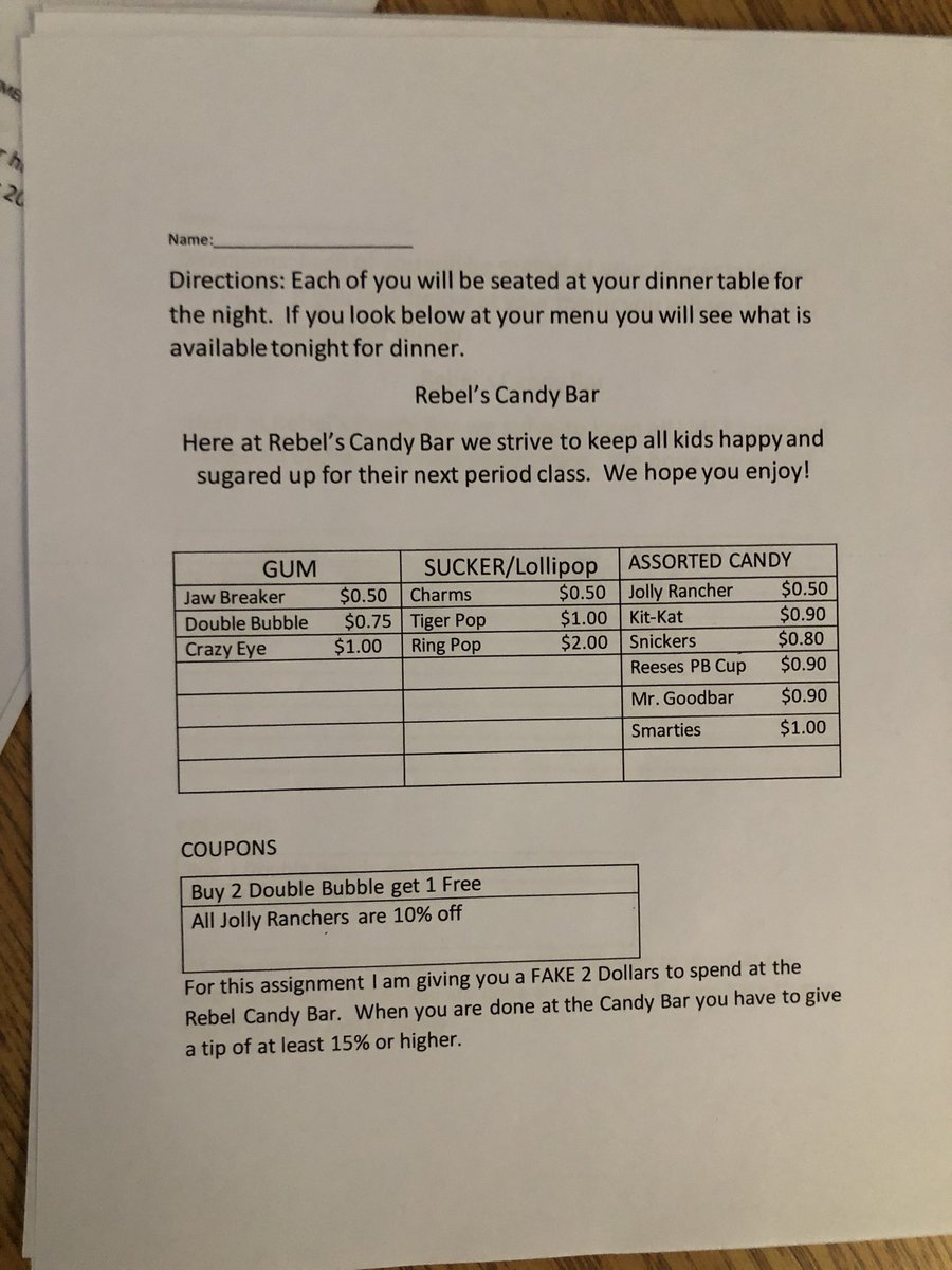 perillo_nick's tweet photo. Learning percent tip and discount by pretending to be at a Candy Bar. #mycrcs #mathcanbefun #candy #sugaredup https://t.co/yYTgYk8zCU