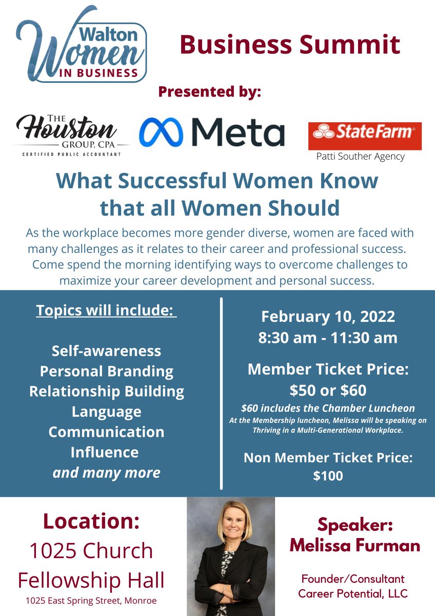 WaltonChamber's tweet photo. Ladies, are you looking for a great opportunity to grow both personally and professionally in 2022? Join us February 10 for our Walton Women in Business Summit. Tickets can be purchased through the link below until February 9.

https://t.co/dZT4ia3BuM https://t.co/ISWROLVQzI