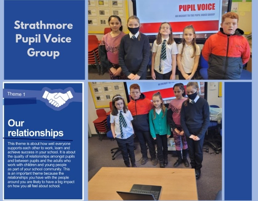MissMartinLL's tweet photo. So proud of our @StrathmorePS Pupil Voice Group! They have been using #HGIOS4 to evaluate relationships at Strathmore and, today, presented their research to Mrs Spink from @SchoolAngus via Teams💡💭 #confidentindividuals #learnersleadingimprovement #pupilvoice @EducationScot https://t.co/QDAqCowkRd