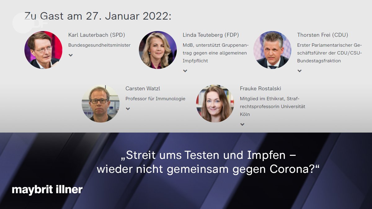 "maybrit illner“ mit dem Thema "Streit ums Testen und Impfen – wieder nicht gemeinsam gegen Corona?" am Donnerstag, den 27. Januar 2022, um 22:15 Uhr im ZDF.
Zu Gast: 
•	Karl Lauterbach (SPD), Bundesgesundheitsminister
•	Thorsten Frei (CDU), Erster Parlamentarischer Geschäftsführer der CDU/CSU-Bundestagsfraktion 
•	Linda Teuteberg (FDP), MdB, unterstützt Gruppenantrag gegen eine allgemeine Impfpflicht, Mitglied FDP-Bundesvorstand
•	Carsten Watzl, Professor für Immunologie, Leiter des Fachbereichs Immunologie an der TU Dortmund
•	Frauke Rostalski, Mitglied im Ethikrat, Strafrechtsprofessorin Universität Köln

