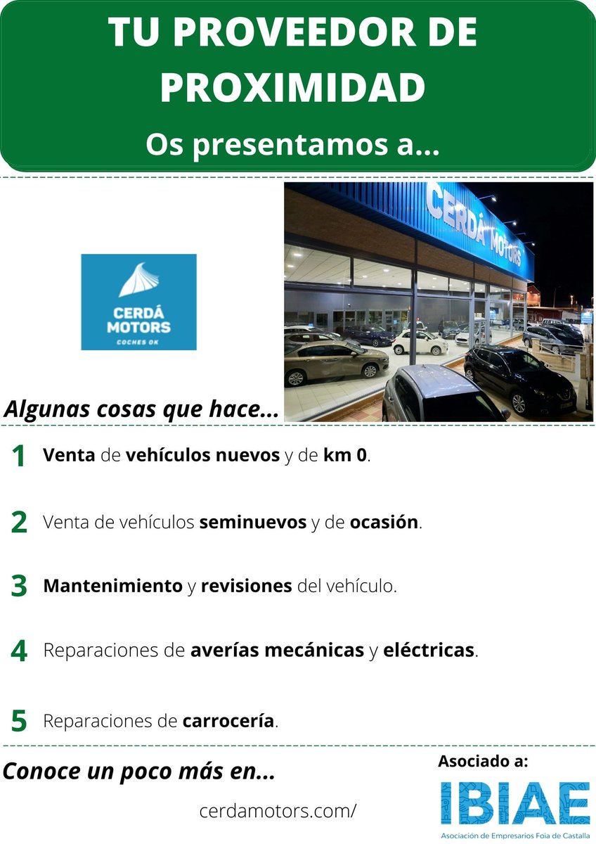 IBIAE's tweet photo. Te presentamos a Cerdá Motors, una empresa ubicada en Castalla. Conócela un poco más en https://t.co/kZSUzhZ9Sn. Te sosprenderá.
#Vehículos 
#Mantenimiento 
#Reparaciones https://t.co/adHTmHS3NP