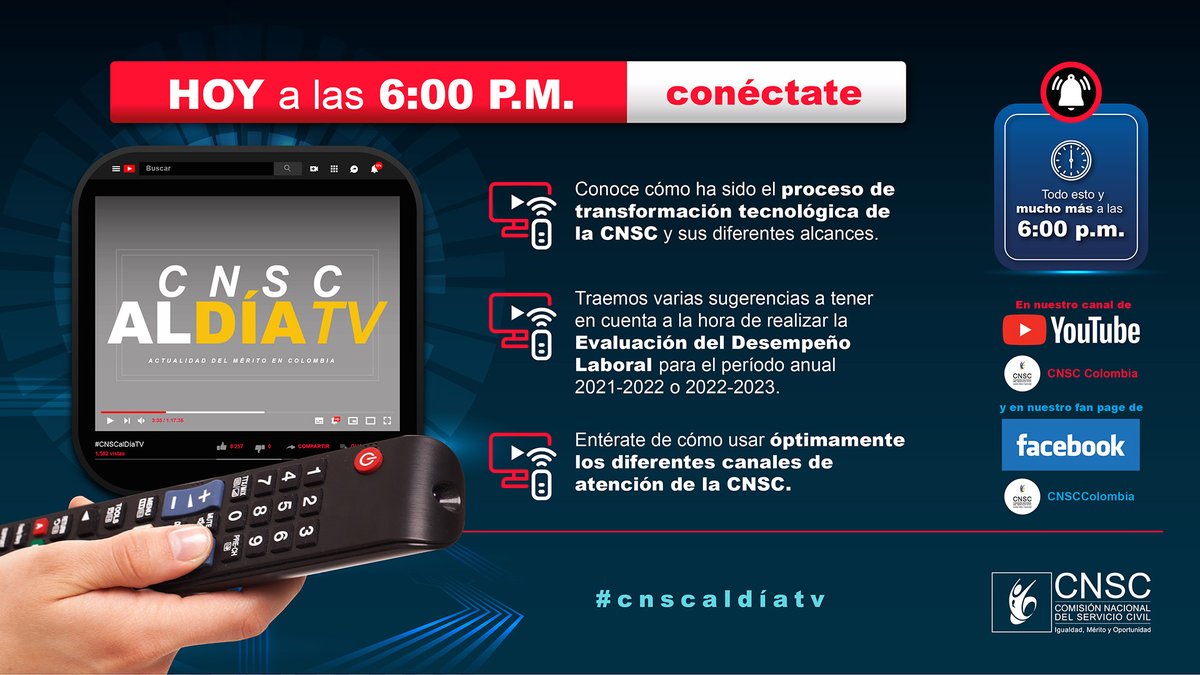 CNSCColombia's tweet photo. 📺 Conéctate hoy con el capítulo más reciente de #CNSCalDíaTV a partir de las 6:00 P.M a través de nuestro canal de YouTube y conoce cómo ha sido el proceso de transformación tecnológica de la CNSC.
🔔 Suscríbete ➡️ https://t.co/sp3OIZqQh4. https://t.co/q5rdUGikw2