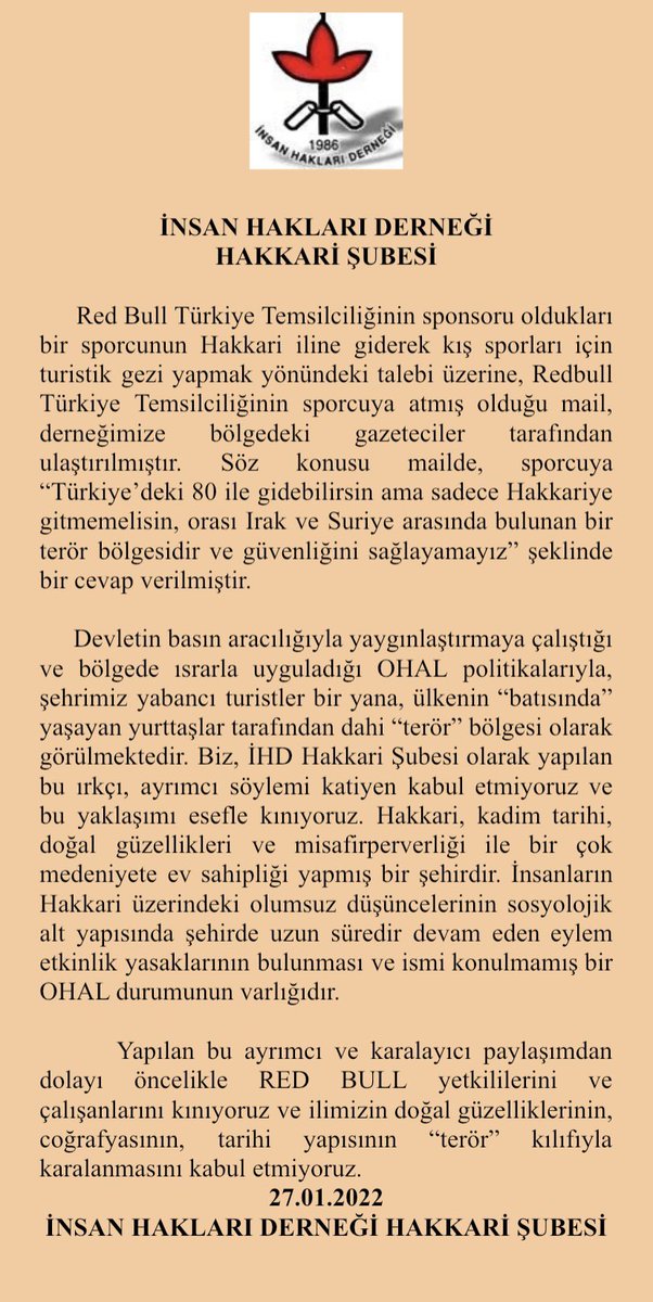 ihdhakkari's tweet photo. Red Bull Tr tarafından sponsor oldukları sporcuya atılan mail ile Hakkari ilimizin karalanmasını kınıyoruz ve Kadim şehrimize uygulanan bu ayrımcı ve ırkçı söylemden dolayı Red Bull Tr yetkililerinden özür bekliyoruz. @RedBullTR @redbull 
Konu ile alakalı açıklamamız👇🏻 https://t.co/OiA30Iu2SC