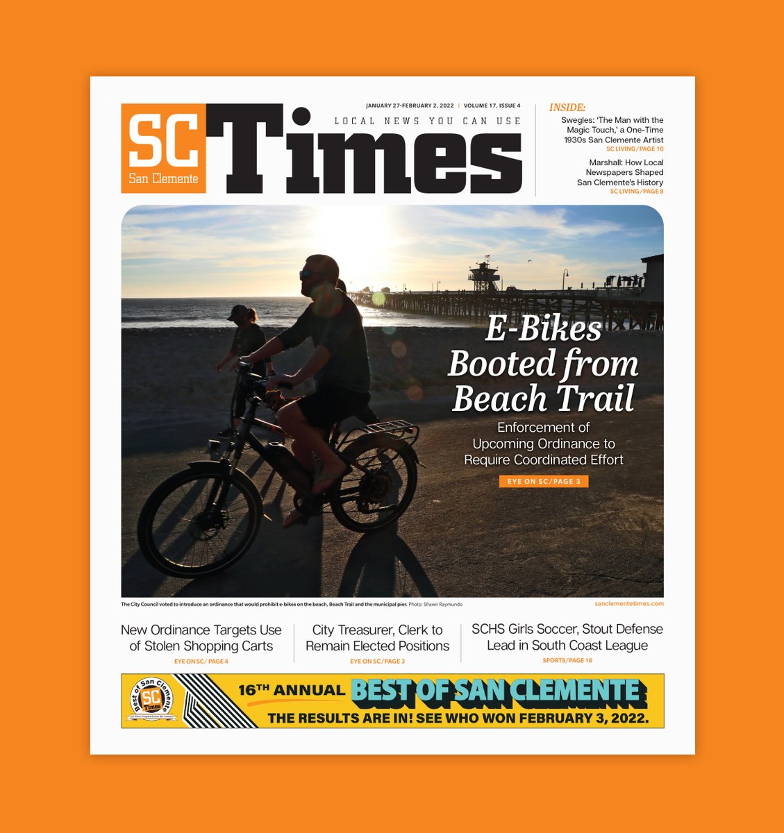 SCTimesNews's tweet photo. In the latest edition of the San Clemente Times, the council votes to ban e-bikes from the Beach Trail, prompting the city to prepare for enforcement. Read all about it and more by picking up a copy or heading to https://t.co/4LVZmgk3zv. #sanclemente #ebikes #beachtrail #ebikeban https://t.co/Wd3lc6o21c