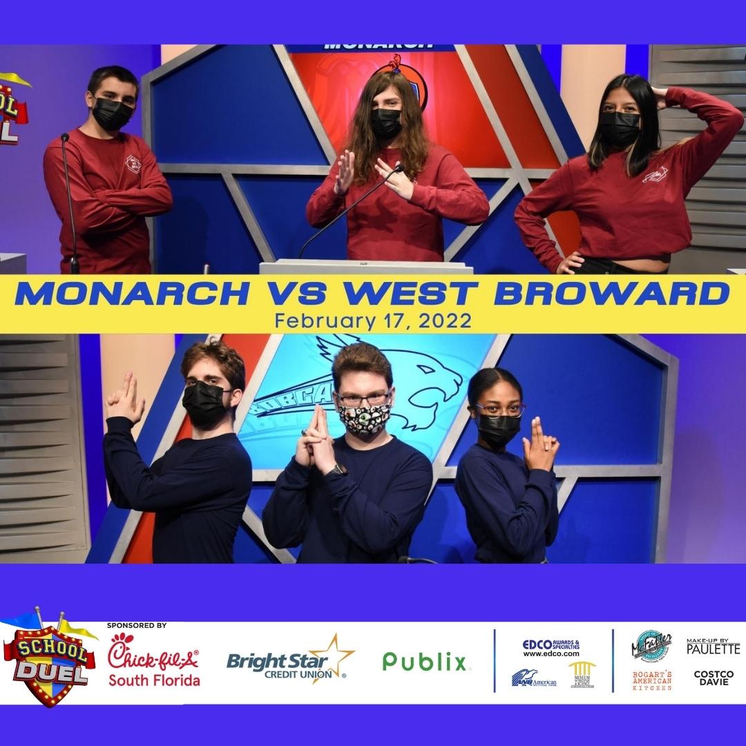 A new season of School Duel begins airing soon! Meet Monarch High and West Broward High! Watch these two schools play in School Duel Feb 17th at 8pm on @BECONTV! (ch 488 & 19 Comcast, ch63 AT&T/Dish/Directv) @Jneer @WestBrowardHigh @browardschools