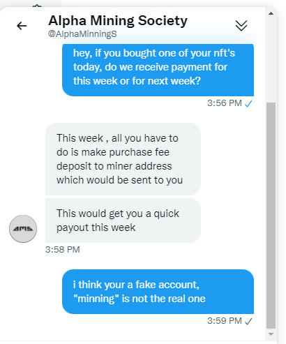 ReynsMats's tweet photo. @AlphaMiningS Fake account is trying to scam people !! https://t.co/mAg0ChIyeS