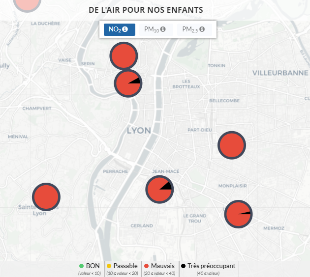 LaRueEstANous69's tweet photo. La carte @respireasso montre que l'exposition moyenne au NO2 (polluant traceur du #trafic) est très supérieure aux recommandations de l'OMS dans toutes les écoles de #Lyon

Aux élu(e)s d'arrondissement : quels aménagements sont prévus pour protéger les enfants ? #pollution #santé https://t.co/a47XDdwXIE