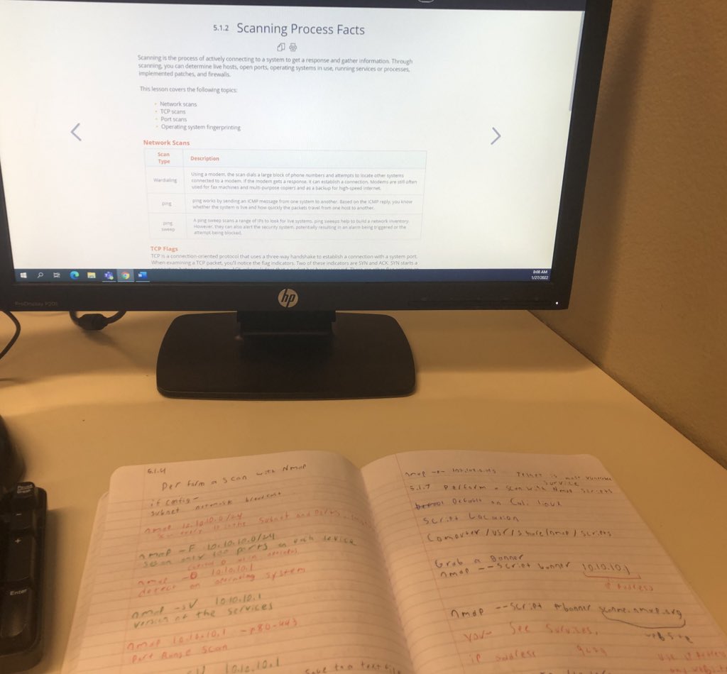 At MET, I am going over Scanning on Ethical Hacker Pro. So far it talked about nmap commands, the different kinds of port scans and what TCP flags are and how to use them to find ports that our open. #PeoriaMET #PeoriaMETTech
