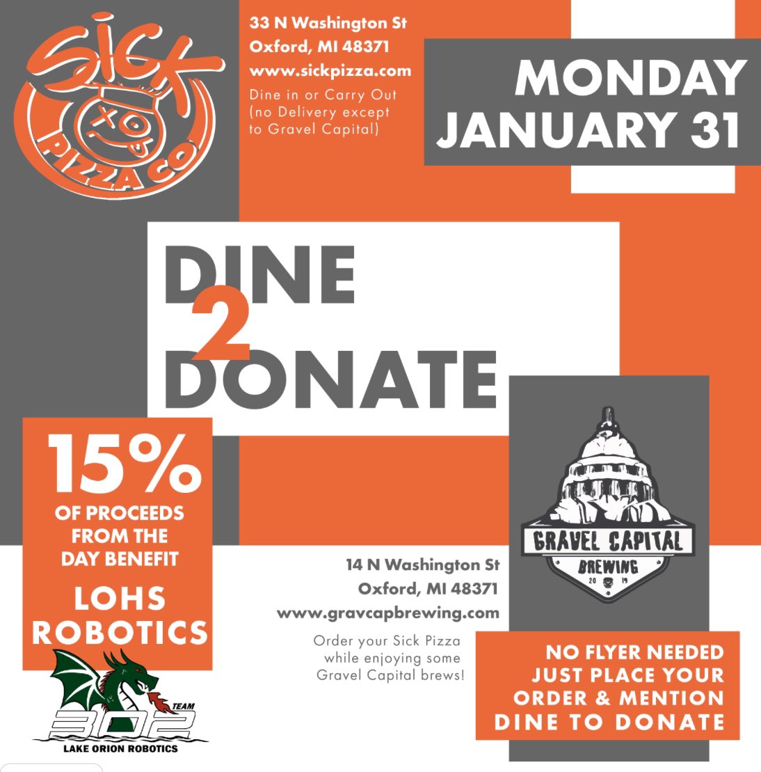 FIRST Team 302 (@firstteam302) on Twitter photo Who’s hungry for som Sick Pizza!?! Order next Monday, January 31st, and a portion of the proceeds will go to Team 302. In an effort to give back, half of the proceeds will be given to Oxford Bank to support the Oxford community. #oxfordstrong <a href="/LkOrionSchools/">Lake Orion Community Schools</a> Who’s hungry for som Sick Pizza!?! Order next Monday, January 31st, and a portion of the proceeds will go to Team 302. In an effort to give back, half of the proceeds will be given to Oxford Bank to support the Oxford community. #oxfordstrong <a href="/LkOrionSchools/">Lake Orion Community Schools</a>