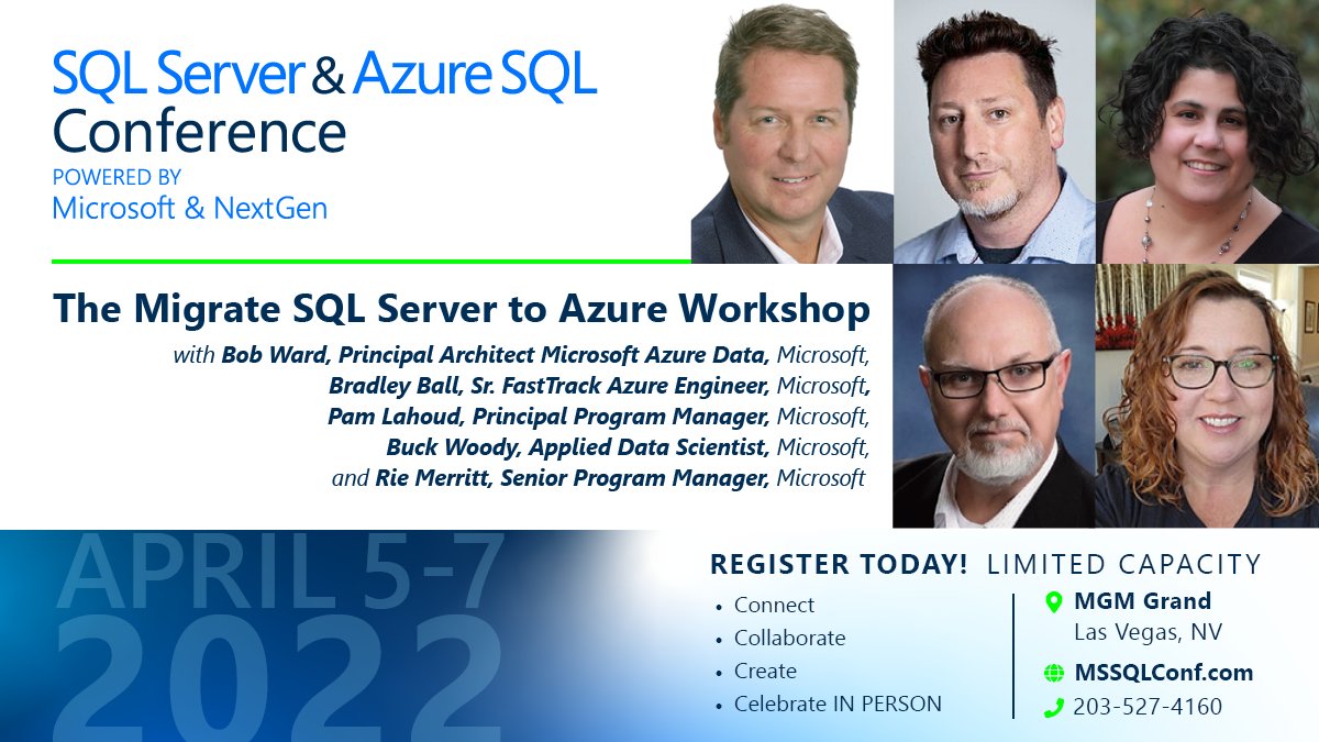 AzureSQL's tweet photo. Join the Microsoft engineering team on April 4 for their all-day workshop at @MSSQLCONF to learn how to migrate your #SQLServer environments to Azure. Learn more: https://t.co/gDpzbMc7Sb #AzureSQL

@bobwardms @SQLBalls @BuckWoodyMSFT @SQLGoddess @IrishSQL https://t.co/N8V2c54Wj2