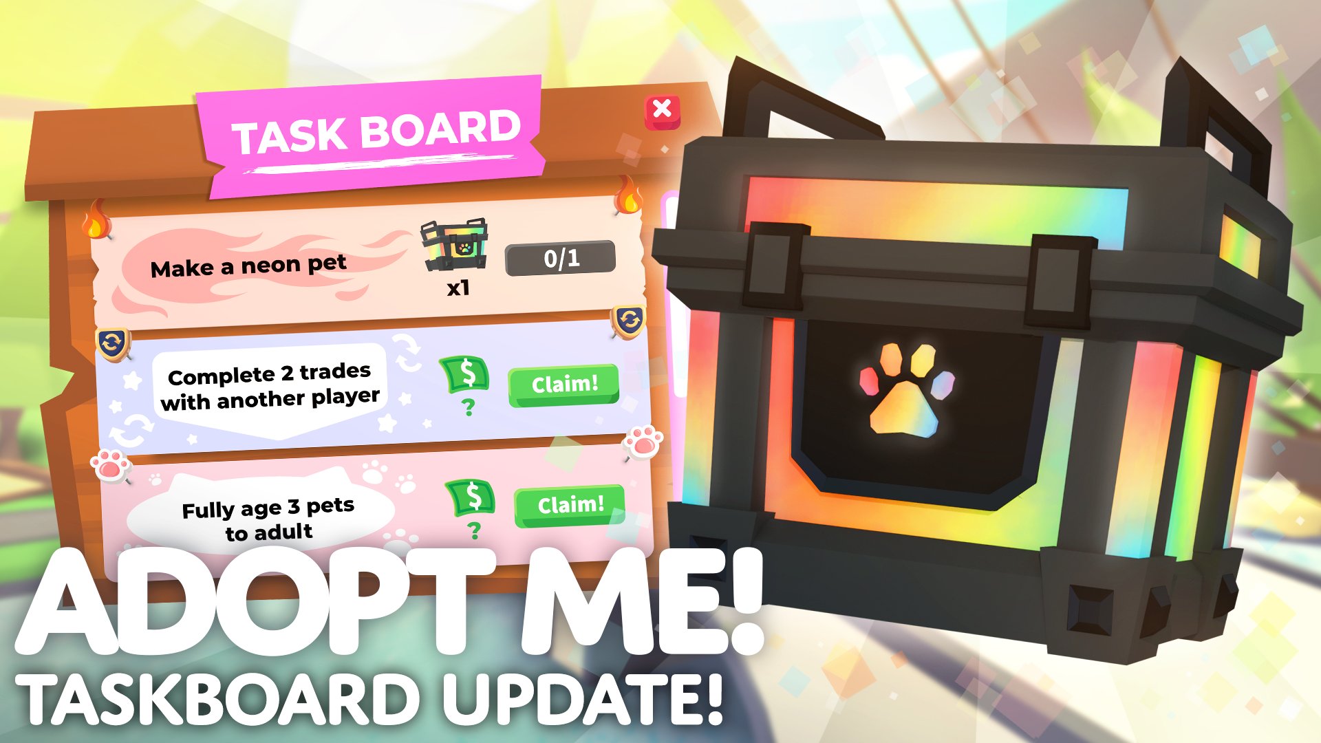 Adopt Me! on X: 📋 Taskboard update! 📋 ✓ Complete new daily tasks for  rewards! 🌈 Exclusive pet and item rewards for completing difficult tasks!  🤠 Play to unlock different tasks! More