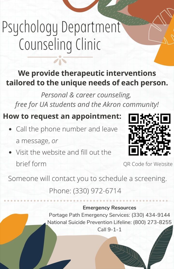 Did you know? As part of <a href="/uakron/">The University of Akron</a>'s Psychology Department training, they offer a free counseling clinic. See the image attached for more details or visit their website: uakron.edu/psychology/cli…