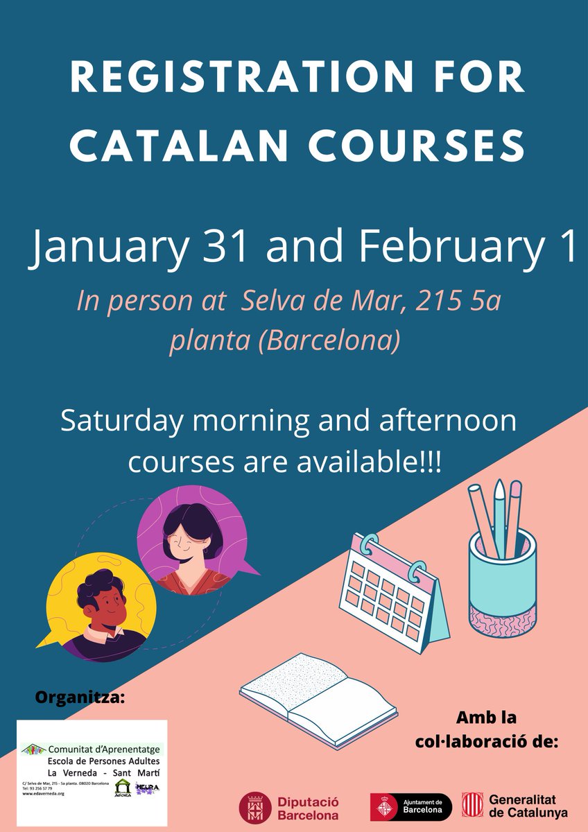 New registrations for Saturday Catalan courses!

-Initial Catalan course (for non-Spanish speakers) from 05/02/22 to 18/06/22 from 10:00 to 12.30 a.m.
-Basic Catalan course (for people who speak Spanish) from 05/03/22 to 18/06/22  16:00 to 19:15 h.
