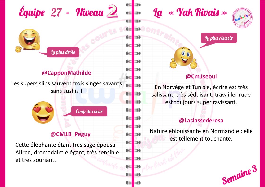 tw_oulipo's tweet photo. Bravo aux classes de l'#Equipe27 pour leurs très belles kyrielles graphiques ! Voici vos préférées !
@CM1B_Peguy
@Cm1RDeret
@cm1seoul
@CapponMathilde
@CM1BAwty
@LaclassedeRosa https://t.co/ou7LIacwQ1