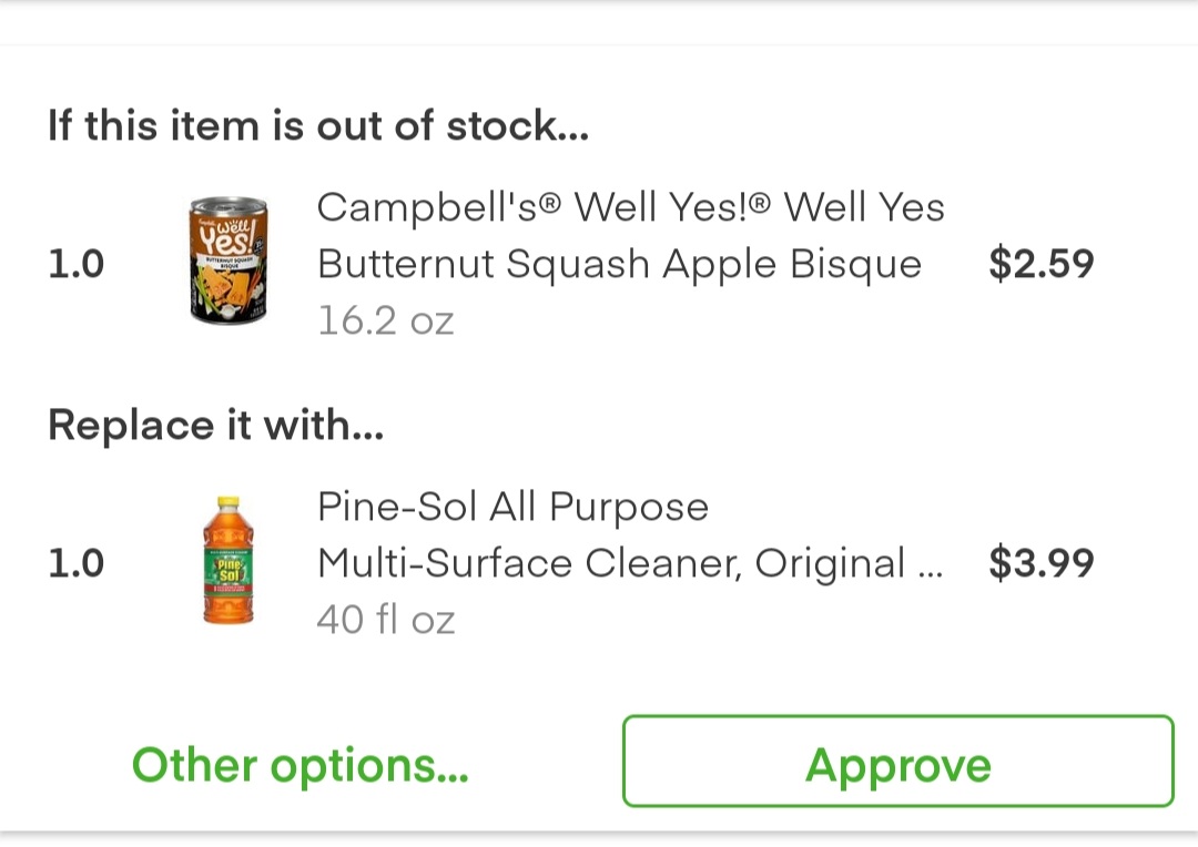 amyba's tweet image. IDK, Instacart, this seems like a risky swap. #InstaFail #AlgorithmFail