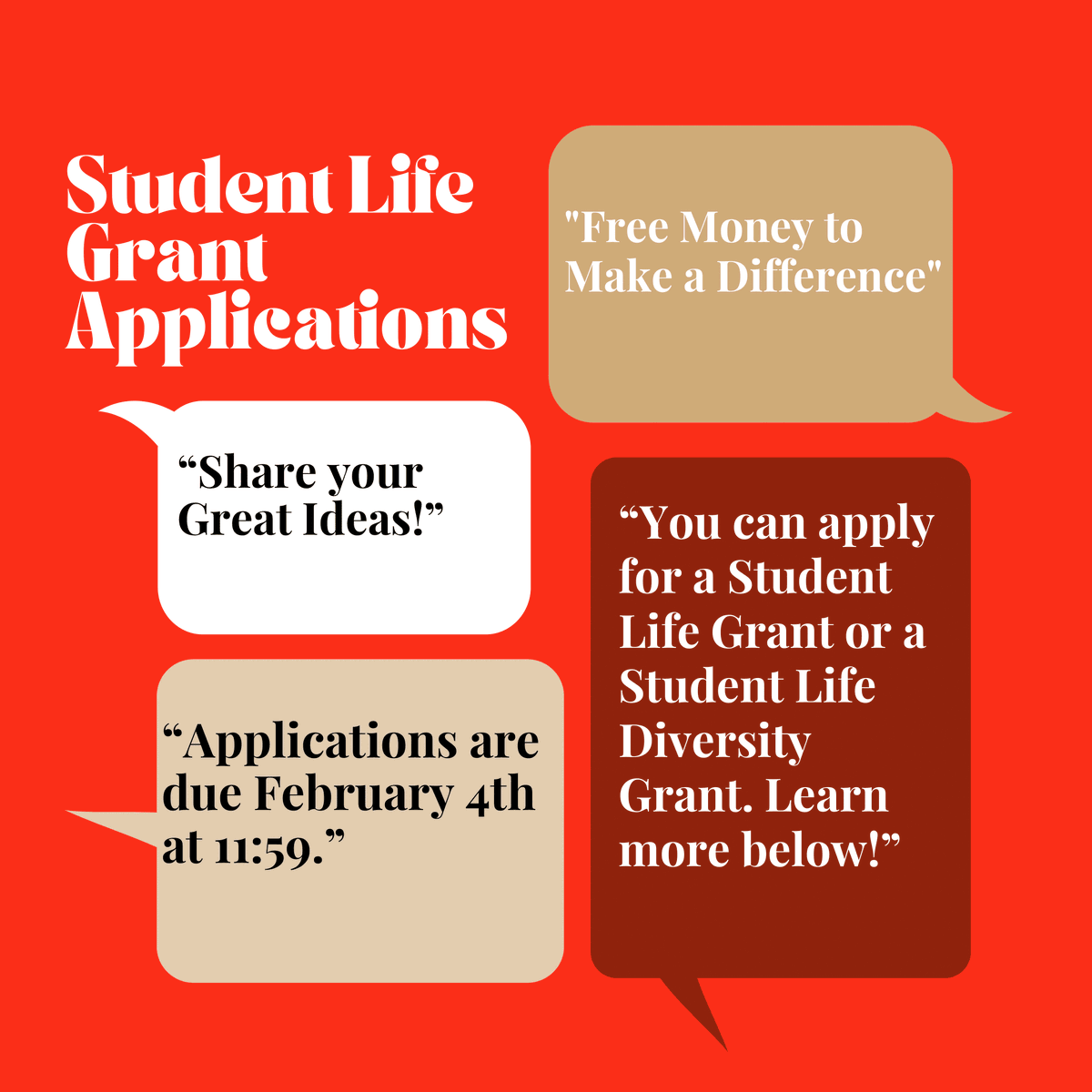 OttUStudentGov's tweet photo. The Student Life Grants use money brought to you from the Student Life Fee to improve the Campus Experience! You can use the link in our bio to learn more or to access the application. Email Studentgovernment@otterbein.edu at anytime. #OUSG #Otterbein #StudentLifeGrants https://t.co/4w60IGV91f