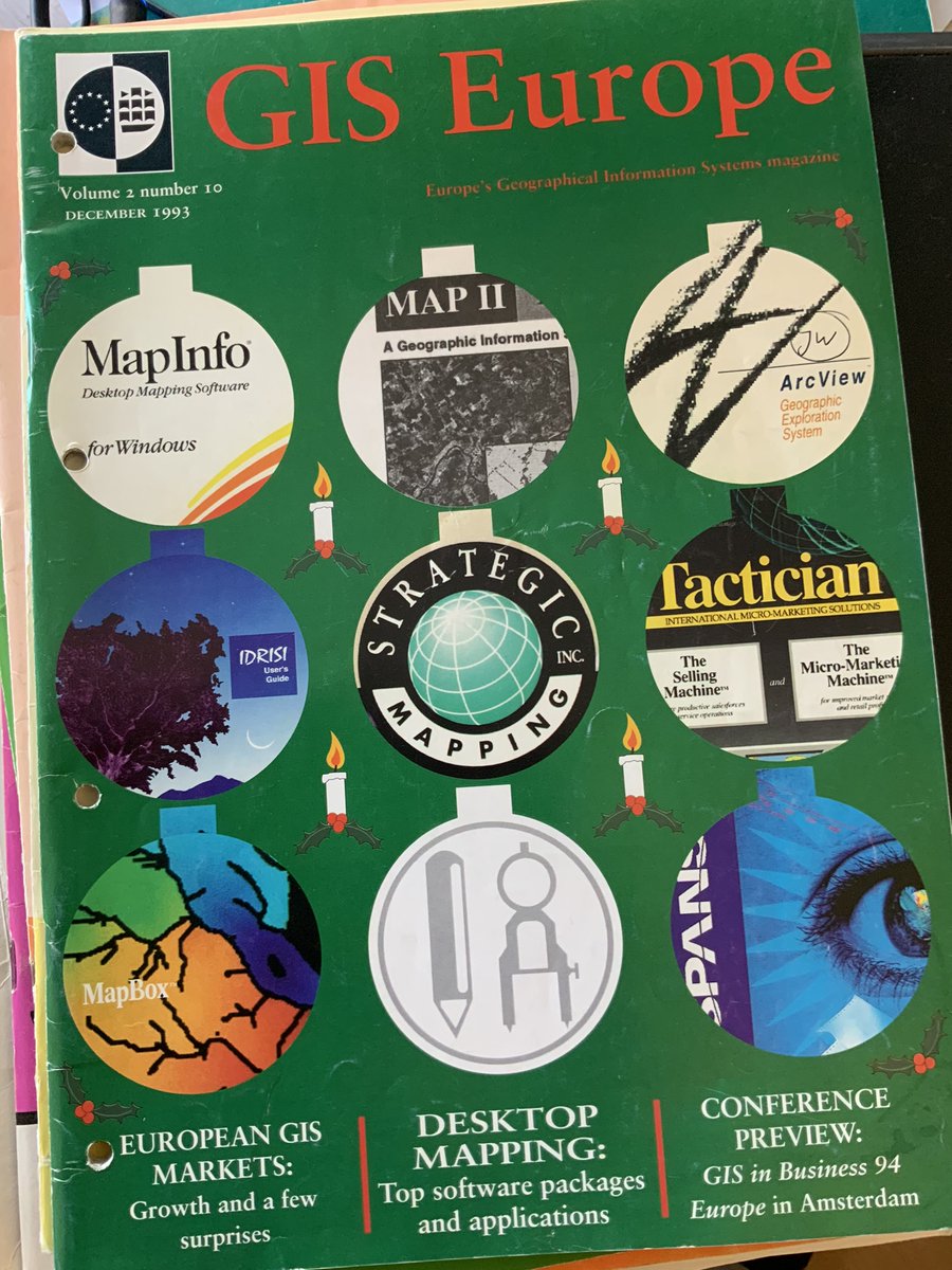 A bit tardy but still appropriate for the time of the year (updating an introduction to #GeoSpatial course for the upcoming semester): GIS Europe, December 1993. 
In this issue: Desktop Mapping - an introduction. MapInfo. Atlas. MacMap. Tactician. MAP. IDRISI. MapBox. SPANS. 1/2