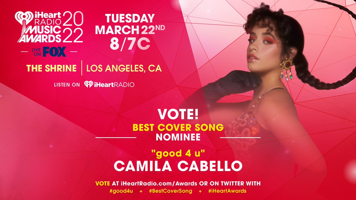 workingforcc's tweet photo. 🚨 | .@Camila_Cabello está nominada en la categoría #BestCoverSong por #Good4U en los  #iHeartAwards 

- Comenta todos las canciones de 'Romance' más:

I vote for #Good4U #BestCoverSong #iHeartAwards https://t.co/WFixnyt1ln