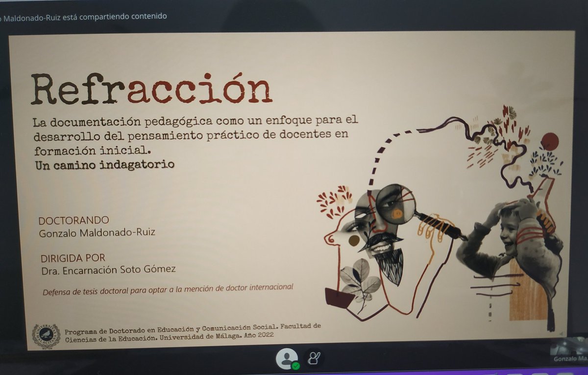 A punto de comenzar la Lectura de Tesis Doctoral de <a href="/gnz_edu/">Gonzalo Maldonado-Ruiz</a> "REFRACCIÓN. La documentación pedagógica como un enfoque para el desarrollo del pensamiento práctico de docentes en formación inicial.Un camino indagatorio"dirigida por Encarnación Soto.Mucha suerte compañero! <a href="/UMA_DOE/">Dpto. de Didáctica y Organización Escolar UMA</a>