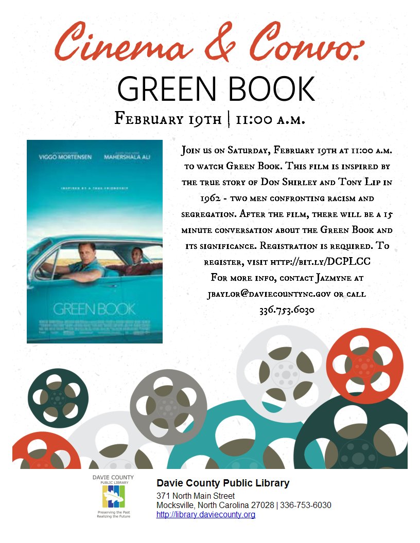 Join us on Feb. 19th at 11:00 a.m. to watch Green Book. This film is inspired by the true story of Don Shirley and Tony Lip in 1962 - two men confronting racism and segregation. Register at the link below.  libraryaware.com/2G74DS