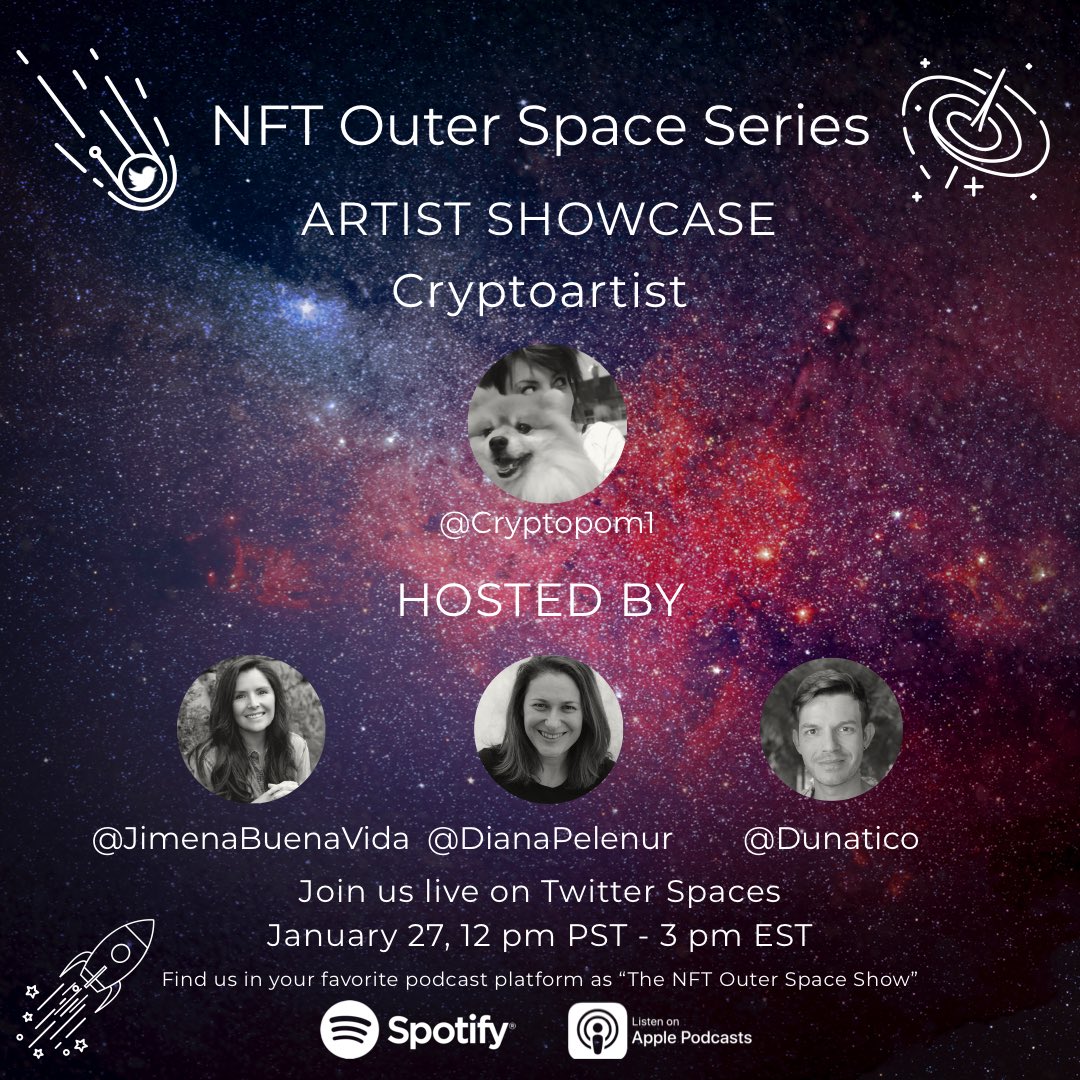 DUnatico's tweet photo. Today 🚨 #NFTcommunity 

NFT Outer Space show featuring the incredible artist, game dev &amp; Pokémon Master @cryptopom1, hosted by ✨ @JimenaBuenaVida, @DianaPelenur &amp; myself! 

🚀 ✨ 12 pm PST, 3 PM EST ⏰

https://t.co/SRmrTYa9os set your reminders https://t.co/WMISZVYoHB