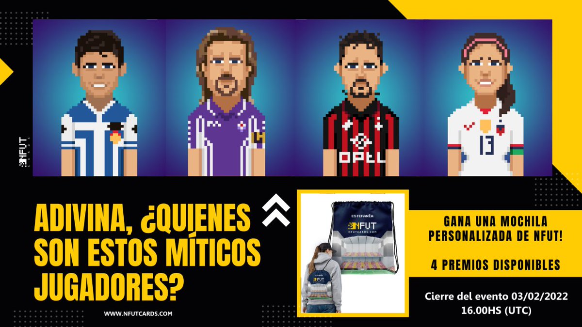 nfutcards's tweet photo. Adivina quienes son estos jugadores y gana una genial mochila NFUT!!

Requisitos:
1 - Seguir a NFUT ( Discord o Telegram) 👉https://t.co/qvmYSMAVNE
2 - Like, comparte y etiqueta a un amigo.
3 - No spoiler 🤫🤭
4 - Completa el formulario y adivina! 👇
https://t.co/ulBCGffYgI https://t.co/HC5OJ9MNAZ