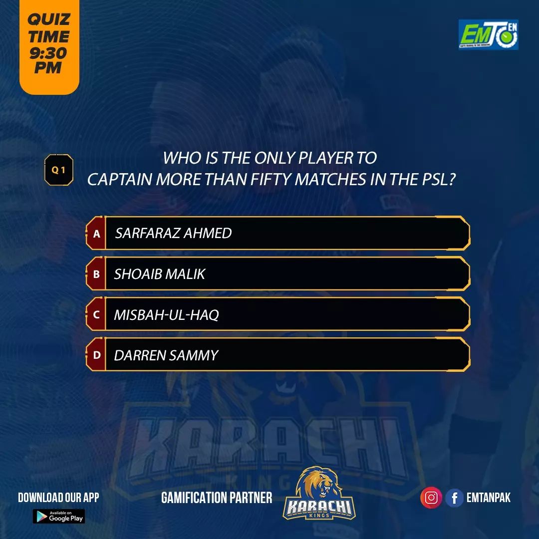 EmtenPak's tweet photo. Answer the Quiz &amp; Be A Game Changer in this PSL and earn Real Money.
Just Download Emten Pakistan app and earn many rewards and cash prizes.
https://t.co/qXlLbxwIx1
#karachikings #hblpsl #phirjeetenge #tayyarhain #emtenpakistan #gamechangers #levelhyemtenka #Quiz https://t.co/24a9Kj1fe7