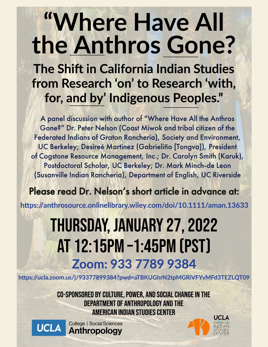 Cogstone's tweet photo. Hear Cogstone President Desiree Martinez participate on a panel discussing, "Where Have All the Anthros Gone? The Shift in California Indian Studies from Research 'on' to Research 'with, for, and by' Indigenous People". Today from 12:15pm-1:45pm. #anthropology #indigenouspeoples https://t.co/6enJLVTySR