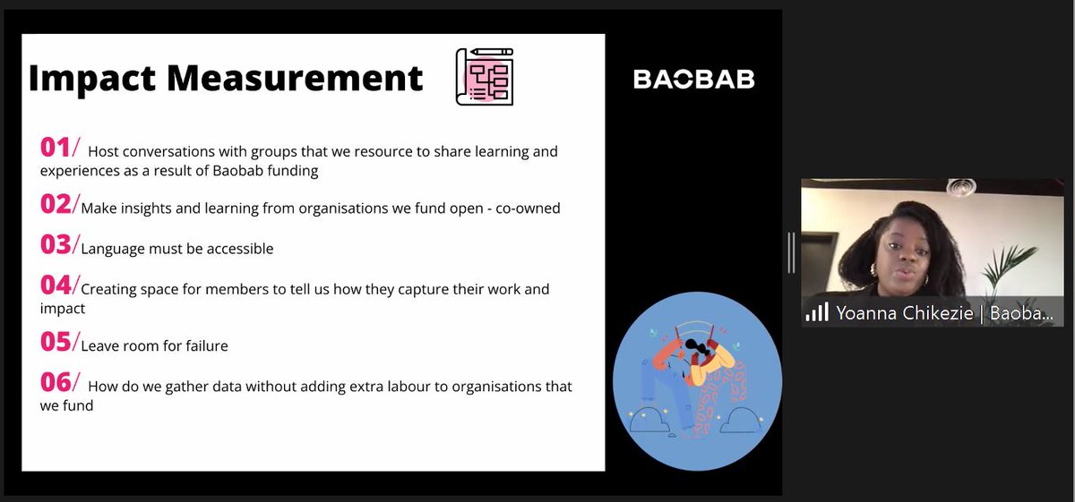 Hearing from the brilliant team <a href="/TheBaobabUK/">Baobab Foundation</a> at <a href="/NPCthinks/">NPC</a> event about building trusting relationships with funders - Yoanna highlighting thinking about measuring impact (conversational, learning, accessible language, room for failure, not adding extra labour when gathering data)