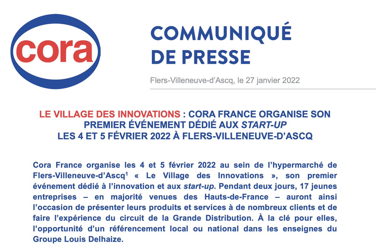 #LEFILCONSO Les 4 et 5 février, @CoraFrance organise le "Village des innovations" dans son hyper de Villeneuve d'Ascq (59). L'occasion pour 17 start-up régionales de présenter leurs produits/services aux clients.
Communiqué en libre-accès ici >> a-p-c-t.fr/dauvers/fichie…