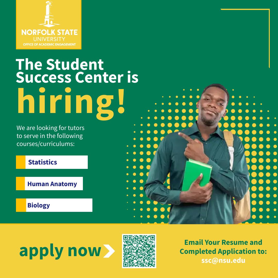 OAENSU's tweet photo. The Student Success Center is hiring for tutors! Interested? Please email us at ssc@nsu.edu with your resume and  completed application. https://t.co/JYfNHIJ5wo