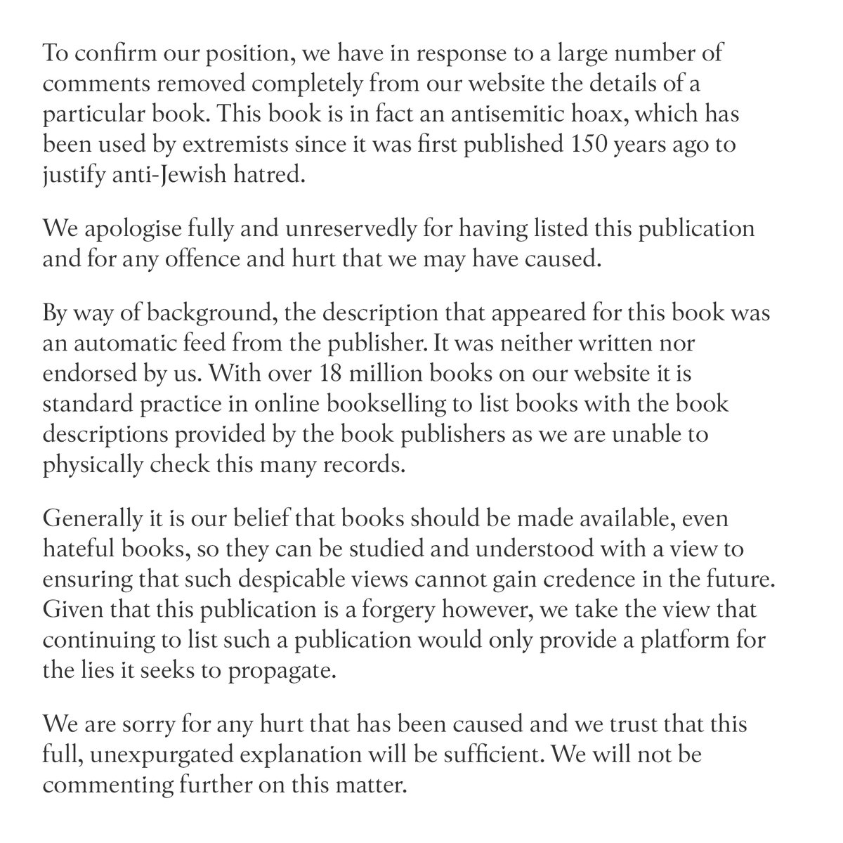 A statement addressing concerns raised this week.