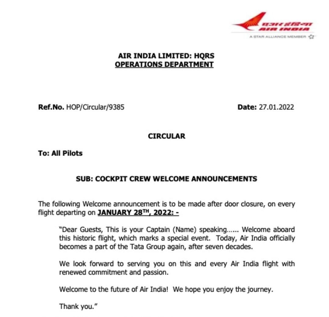 EconomicTimes's tweet image. Air India's new circular for cockpit crew welcome announcements: "Dear guests, welcome aboard this historic flight, which marks a special event. Today, Air India officially becomes a part of Tata Group again, after seven decades. Welcome to the future of Air India."