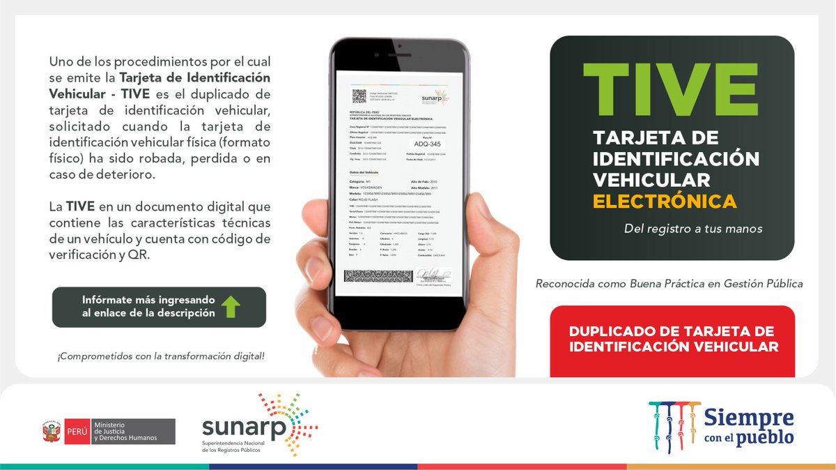 SunarpOficial's tweet photo. 🚙📲 ¿Realizaste tu trámite de duplicado de tu tarjeta de propiedad vehicular?
Te contamos que para este proceso ya emitimos la TIVE (Tarjeta de Identificación Vehicular Electrónica)
😉 Mayor información aquí ➡ https://t.co/KQxV47s3GP
#Delregistroatusmanos #Transformacióndigital https://t.co/OTbmMVjw0n