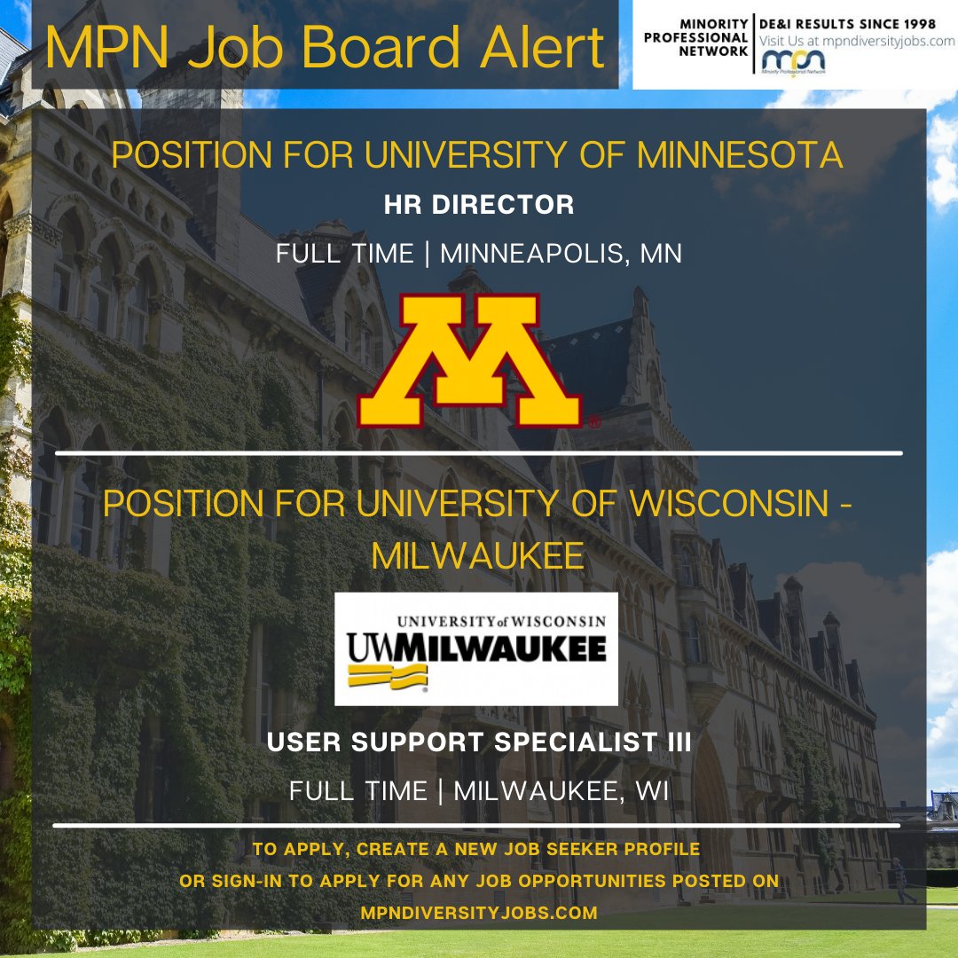 mpndiversityjob's tweet photo. Midwest MPN Job Board Alert
https://t.co/2SK9BtZtBl

HR Director
University of Minnesota
https://t.co/KXDlixoTzW 

User Support Specialist III
University of Wisconsin - Milwaukee
https://t.co/14GykZnhWQ

#MNjobs #Minneapolisjobs #WIjobs #Milwaukeejobs https://t.co/6z6gfQiKMG