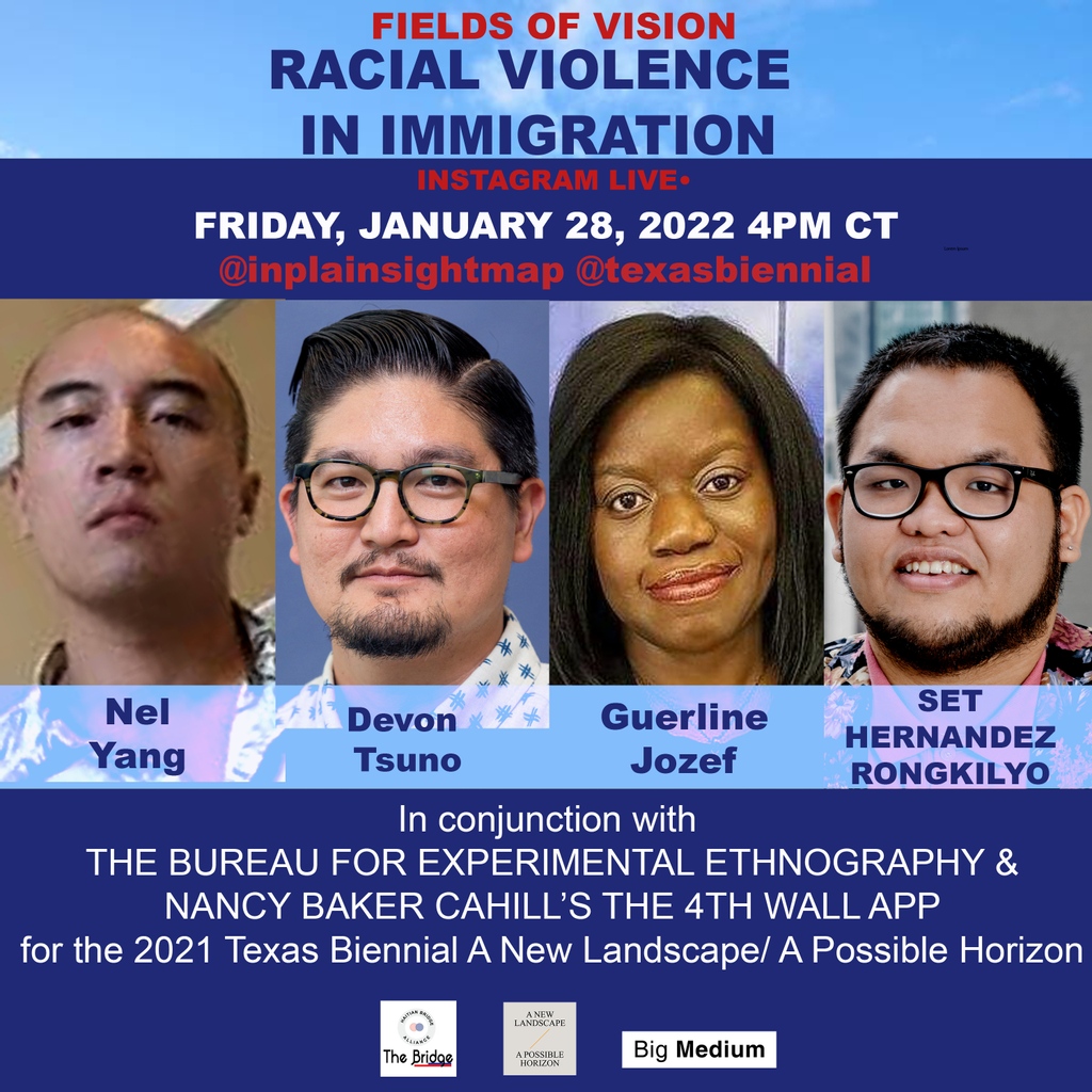 TexasBiennial's tweet photo. Fields of Vision IPS: RACIAL VIOLENCE IN IMMIGRATION  the 3rd installment of a series of @inplainsightmap sky-typed messages via the AR app @4thwallapp by Nancy Baker Cahill. The installment is in collab with the Texas based Bureau for Experimental Ethnography for @texasbiennial https://t.co/jpZhUATrpe