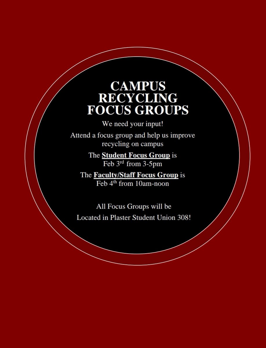 Attention Bears! Come and give your input on how to improve recycling on campus!
For students join us on February 3rd from 3-5pm
For faculty/staff join us February 4th from 10am-Noon