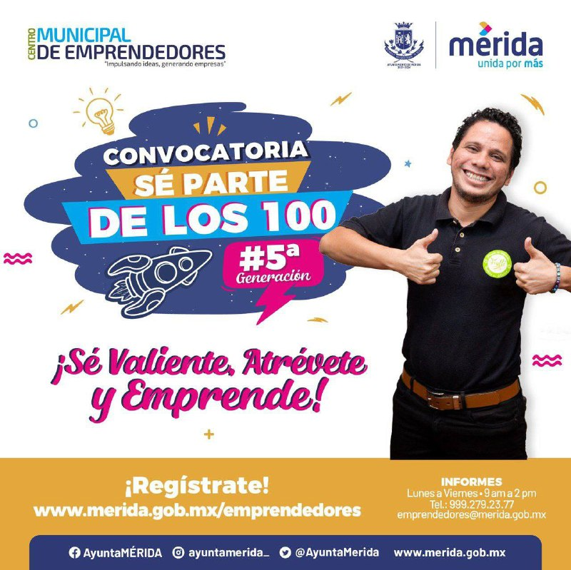 RenanBarrera's tweet photo. ¡Sé valiente, atrévete y emprende! #SéParteDeLos100 

En el Centro Municipal de Emprendedores impulsamos el talento y la creatividad de las personas que hacen crecer a #Mérida. Consulta las bases y regístrate antes del 31 de enero en https://t.co/tL92nnBUou. #MéridaEmprende https://t.co/Xdl3wbwGIG