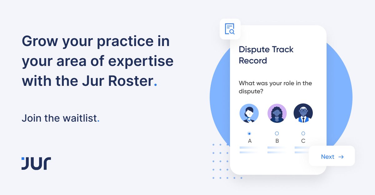 JurProject's tweet photo. Your track record as an arbitrator will help the upcoming Jur Roster better match you with disputes that are aligned with your expertise.

Join the waitlist here: https://t.co/7adIQY6mpu

#LegalTech #JurArbitration #DigitalArbitration #Roster #Waitlist #LegalPractice https://t.co/mf3JAnDwQG