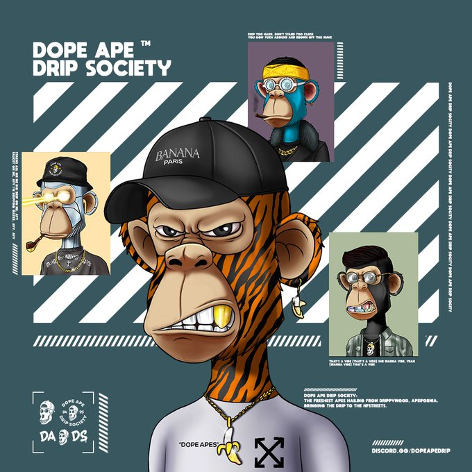 NiftyRiver.io (@niftyriverio) on Twitter photo We are excited to announce an NFT whitelist giveaway for Dope Ape Drip Society 🙉
5 whitelist spots, to enter:
1. Follow <a href="/niftyriverio/">NiftyRiver.io</a> and @DopeApeDrip
2. Retweet
3. Tag 2 friends We are excited to announce an NFT whitelist giveaway for Dope Ape Drip Society 🙉
5 whitelist spots, to enter:
1. Follow <a href="/niftyriverio/">NiftyRiver.io</a> and @DopeApeDrip
2. Retweet
3. Tag 2 friends