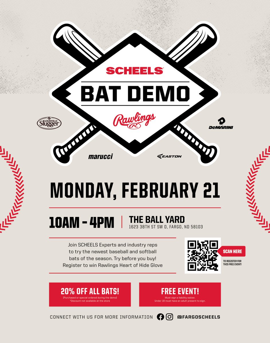 fargobaseball's tweet image. Are you looking for a new bat this upcoming season? &quot;Swing&quot; by @TheBallYard to get some hacks in! Make sure you complete the waiver form before arriving. @SCHEELS #BatDemo