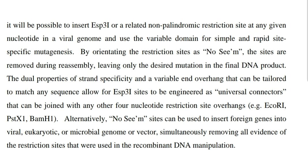 FoolsMultiply's tweet photo. it will be possible to insert #Esp3I  or a related non-palindromic restriction site at any given #nucleotide in a #viralgenome &amp; use the variable domain for simple and rapid site-specific #mutagenesis. By orientating the restriction sites as 👉 “No See’m”..., https://t.co/PBHpZq4XgG