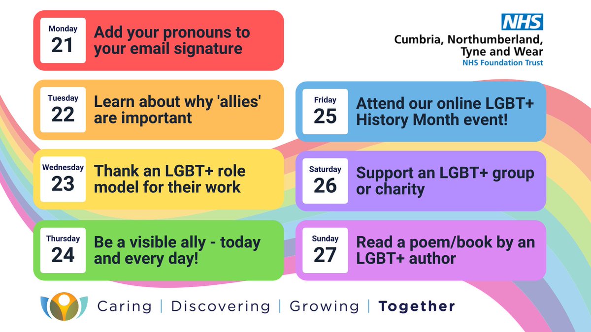 It's the last full week of #LGBTHistoryMonth, but it's not too late to join in and learn along with the daily prompts our LGBT+ Staff Network @LGBT_CNTW have put together.

📣 CNTW staff are also invited to join the network's event on Friday from 11am-4:30pm.
