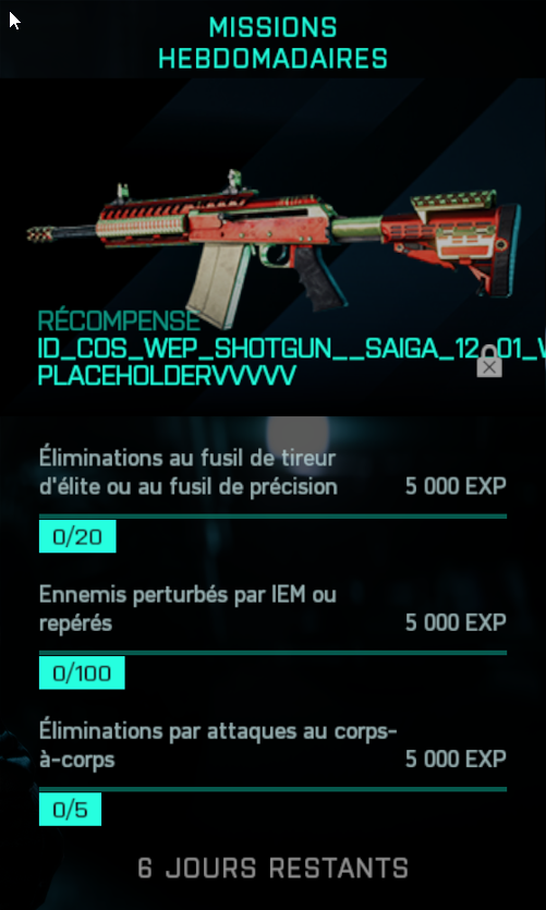 Cette semaine #Battlefield2042 vous permet de débloquer le :

ID_COS_WEP_SHOTGUN__SAIGA_12_01_V_PLACEHOLDERVVVV

Pour cela il vous suffira de faire :

▶ Eliminer 20 personnes au fusil de précision
▶ Perturber 100 Ennemis avec des IEM ou repérer les
▶ Eliminer 5 ennemis au CAC