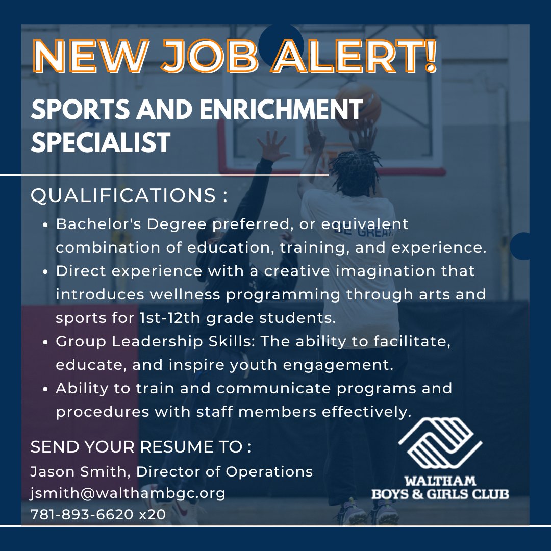 Waltham Boys & Girls Club (@walthambgc) on Twitter photo 🚨 #JobAlert: We are looking for a Sports & Enrichment Specialist.
If you or someone you know is interested in organizing day-to-day activities such as sports, games, and wellness programs, please send a cover letter and resume to Jason Smith at jsmith@walthambgc.org. #hiring 🚨 #JobAlert: We are looking for a Sports & Enrichment Specialist.
If you or someone you know is interested in organizing day-to-day activities such as sports, games, and wellness programs, please send a cover letter and resume to Jason Smith at jsmith@walthambgc.org. #hiring