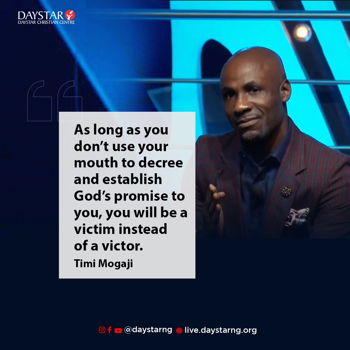 DaystarNG's tweet photo. Sermon - @timilehinmogaji
Topic: The miracle mix; how to trust in God
Text: Proverbs 3:5-6, Mark 11:23-25 (NLT)
There is a particular phase your heart must be for the principle of faith in God to work.
#DaystarNG #MidweekRefuel #RaisingRoleModels https://t.co/Fb5GY4WZRX