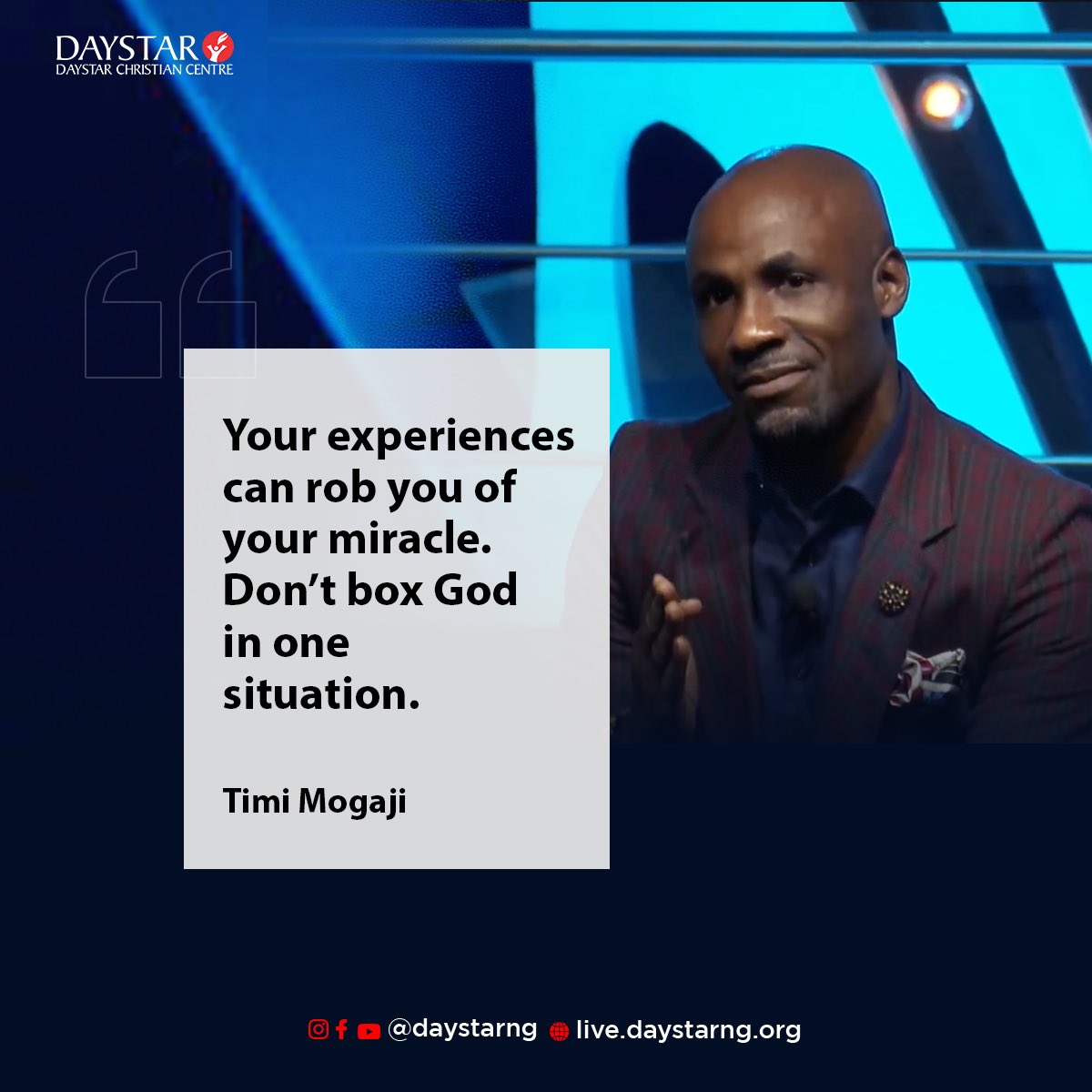 DaystarNG's tweet photo. Sermon - @timilehinmogaji
Topic: The miracle mix; how to trust in God
Text: Proverbs 3:5-6, Mark 11:23-25 (NLT)
There is a particular phase your heart must be for the principle of faith in God to work.
#DaystarNG #MidweekRefuel #RaisingRoleModels https://t.co/Fb5GY4WZRX