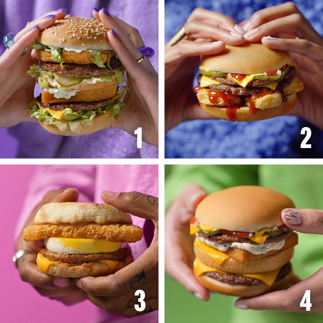 which menu hack will you build yourself first? see u 1.31 (1) land, air & sea (2) crunchy double (3) hash brown mcmuffin (4) surf+turf